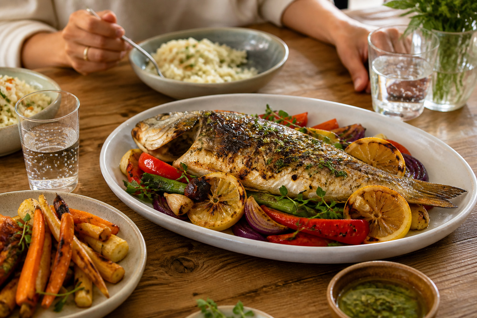 Grilled fish, roasted vegetables, rice, and sparkling water sit on a restaurant table.
