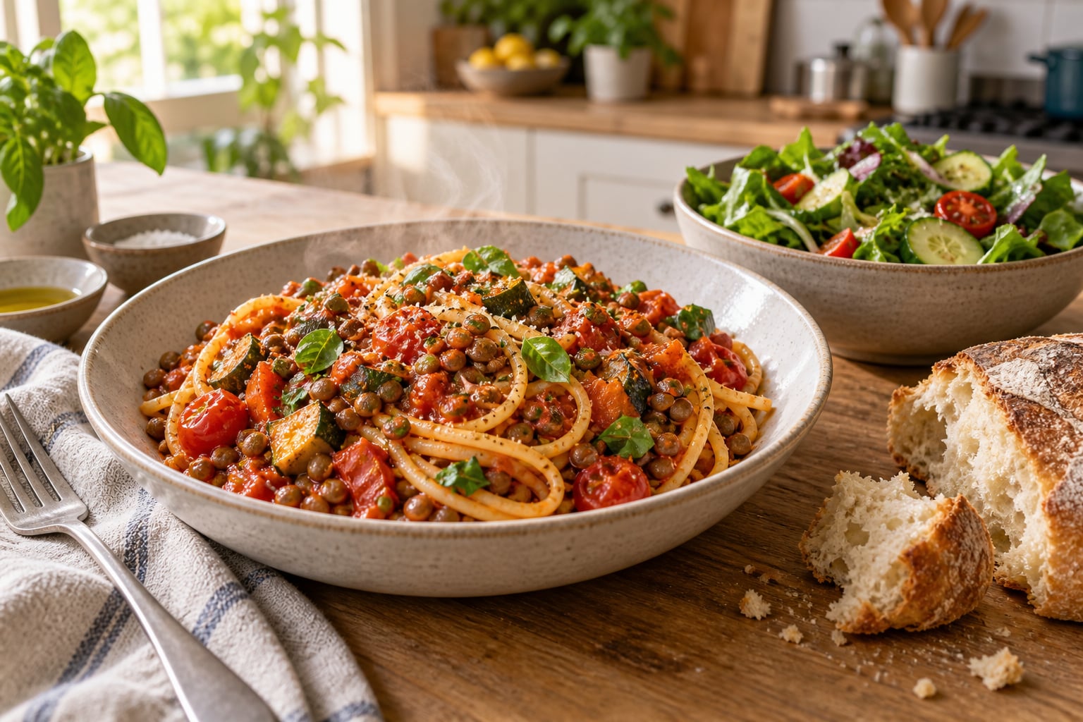 Tomato and lentil pasta served with green salad and torn warm bread.