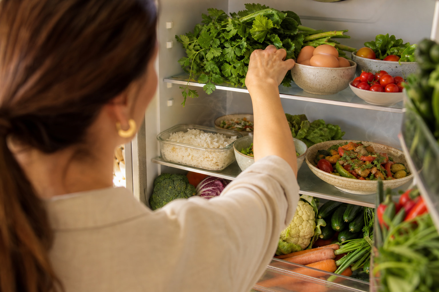 A person reaches into a stocked refrigerator for eggs, greens, and leftover rice.