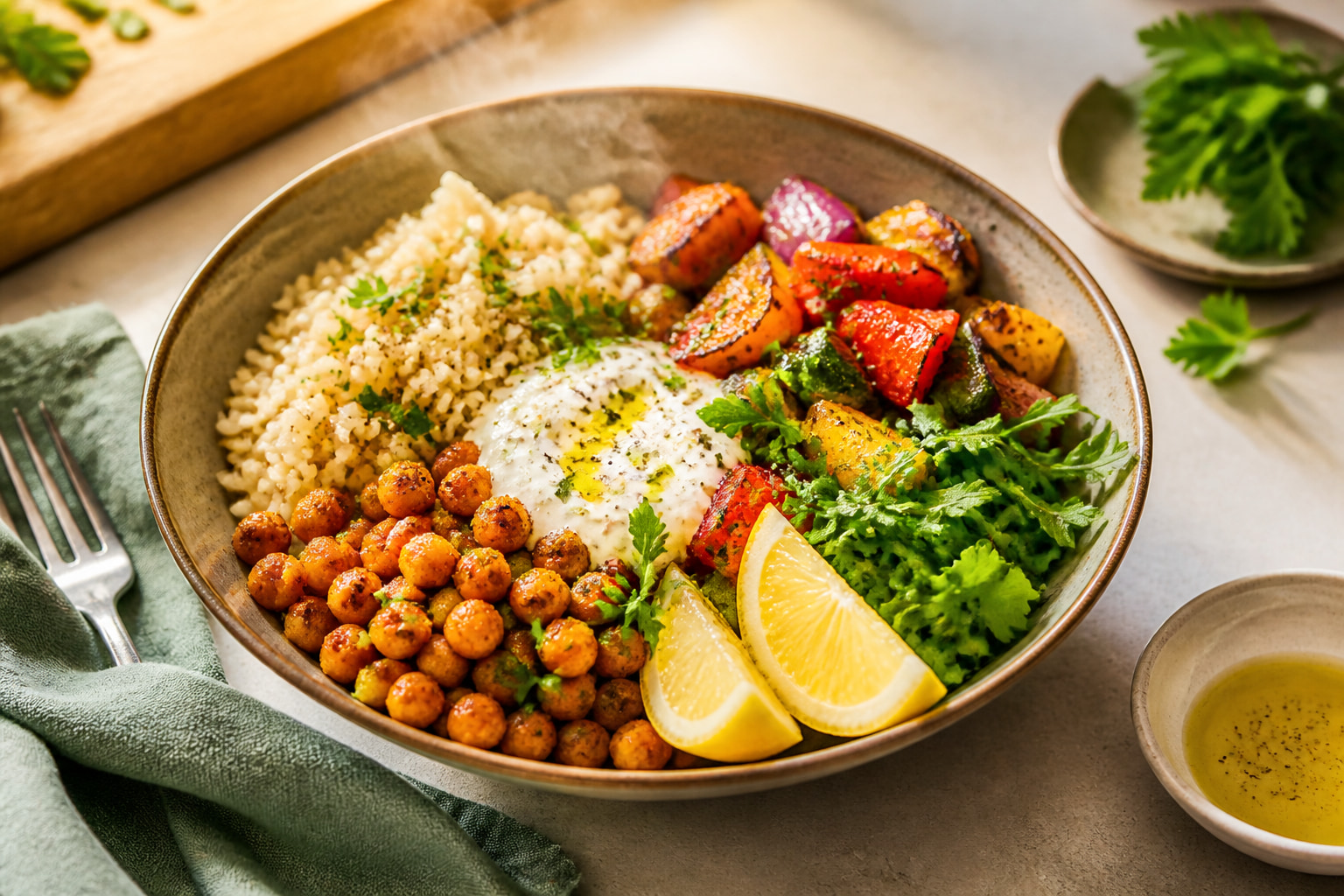 A colourful grain bowl combines rice, chickpeas, roasted vegetables, herbs, and lemon.