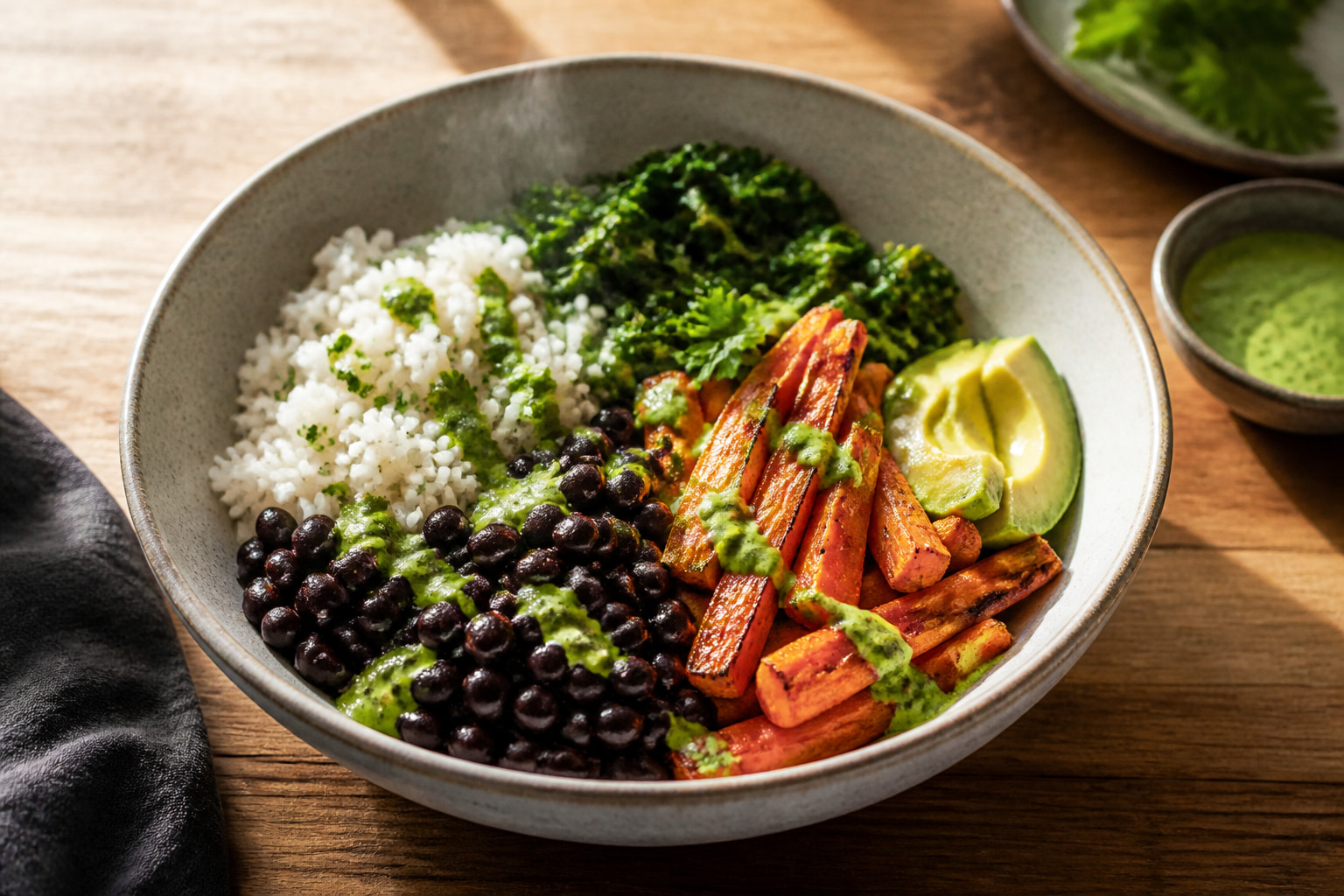A ceramic bowl holds rice, black beans, roasted carrots, green vegetables, and a bright sauce.