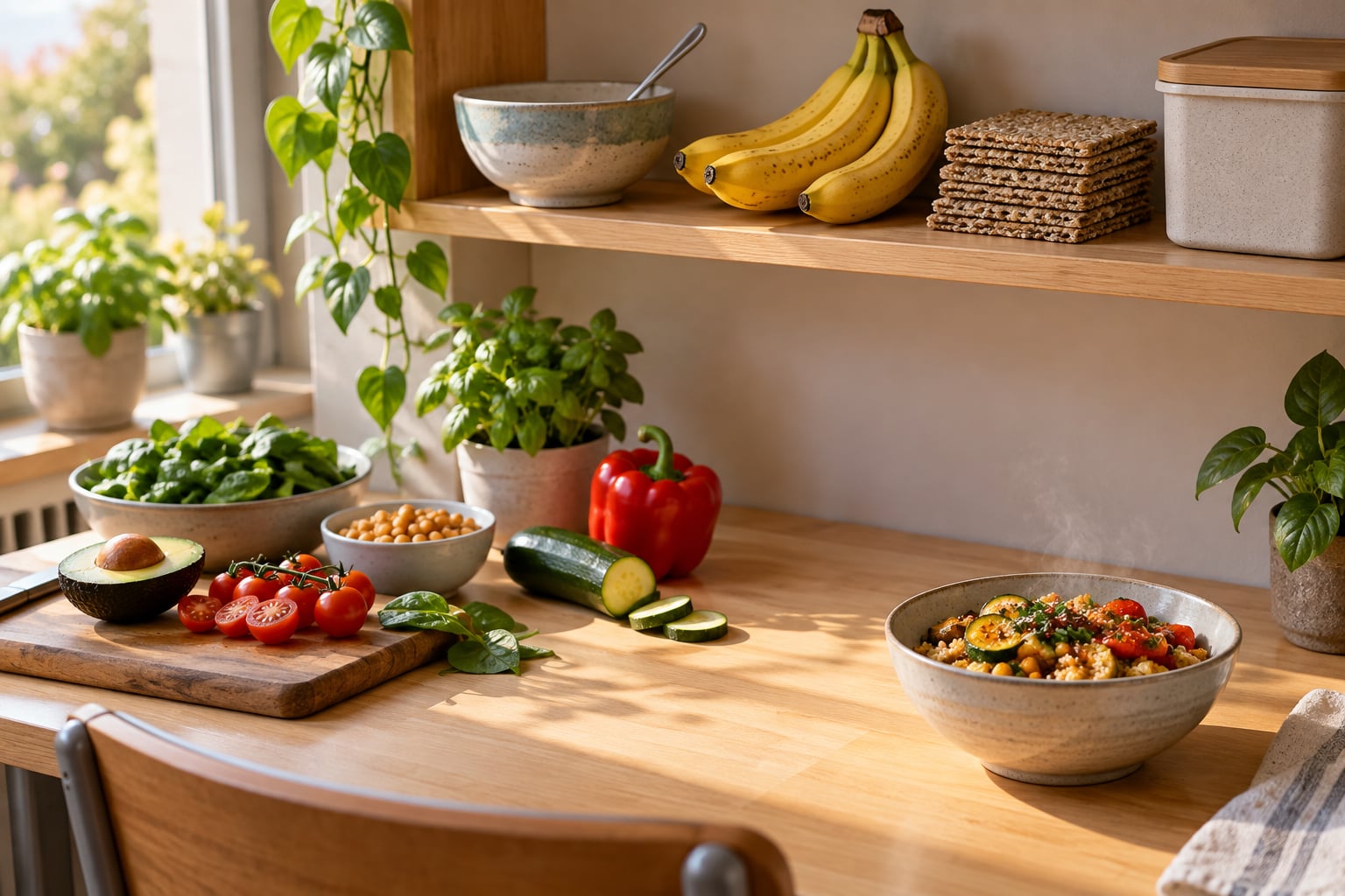 A compact dorm shelf holds simple meal supplies beside a clear food-preparation space.