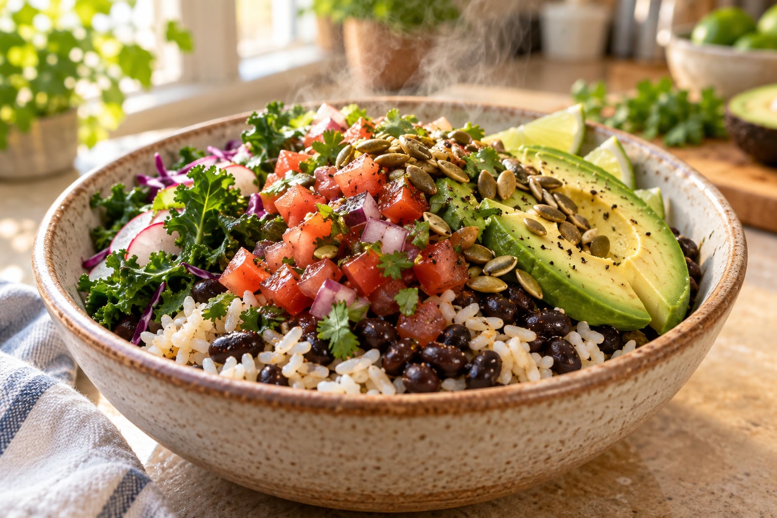A steaming rice and black bean bowl is topped with salsa, green vegetables, avocado, and seeds.