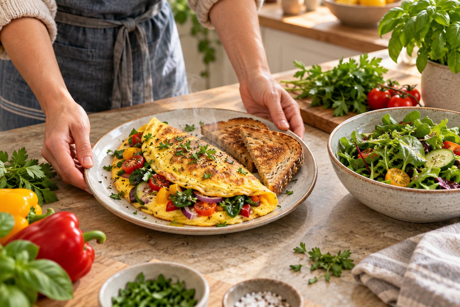 Hands set a vegetable omelette, crisp toast, and dressed greens on a kitchen counter.