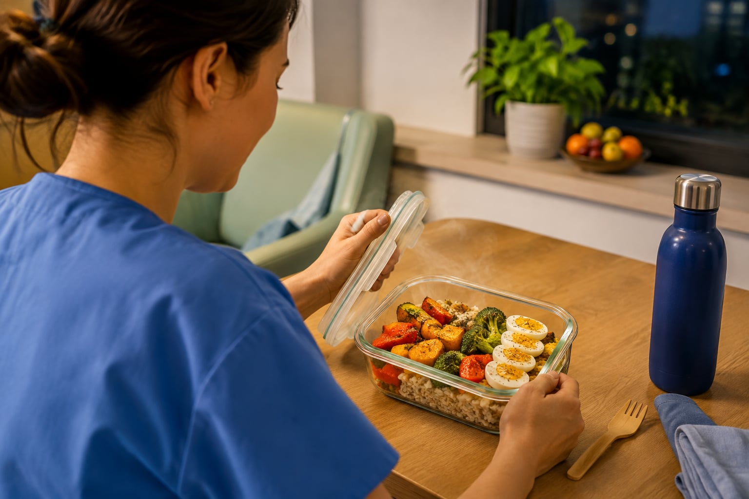 A night worker opens a container of rice, roasted vegetables, and sliced egg in a staff room.