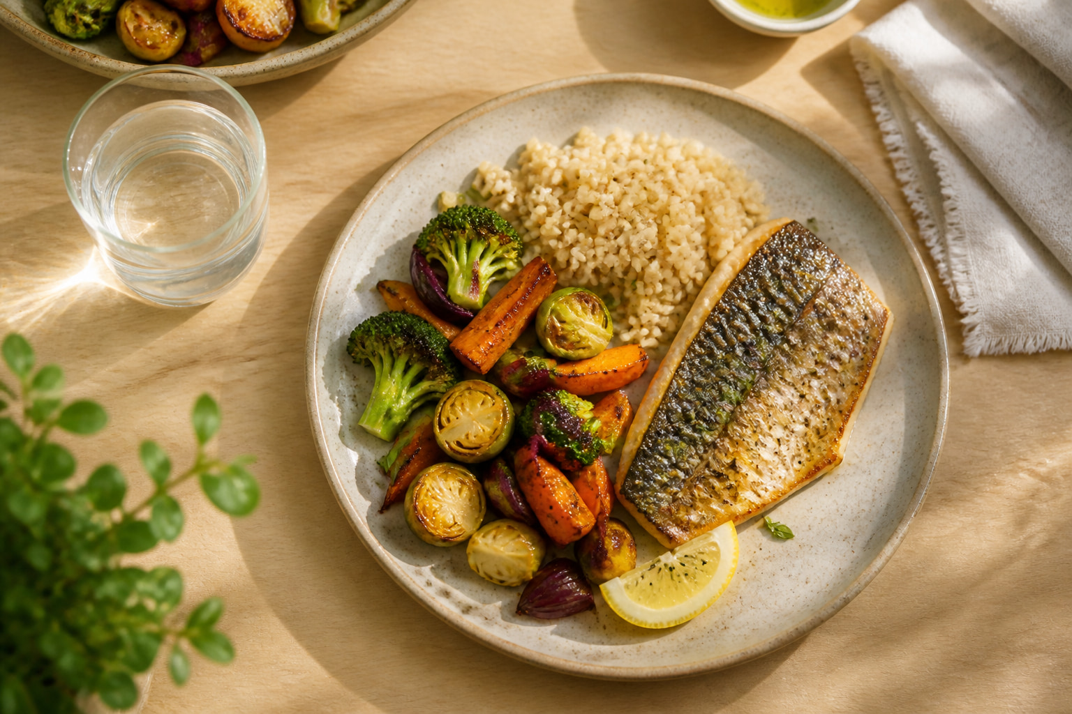A plate holds roasted vegetables, grilled fish, brown rice, and olive oil dressing beside water.