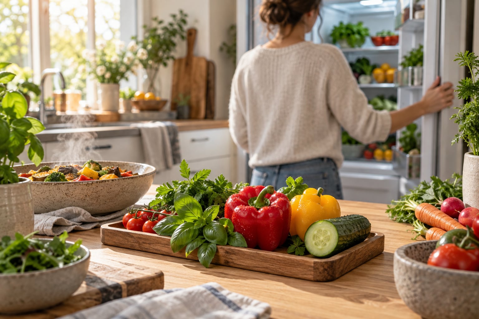 A person checks an open refrigerator beside a tray of peppers, herbs, and cucumber.