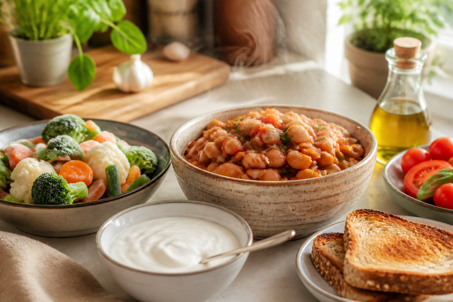 Yogurt, vegetables, beans, toast, olive oil, and tomatoes arranged on a kitchen counter.